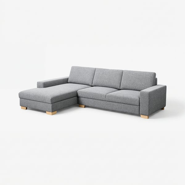 Modern l-shaped grey SÖRVALLEN sofa with wooden legs, minimalist style.