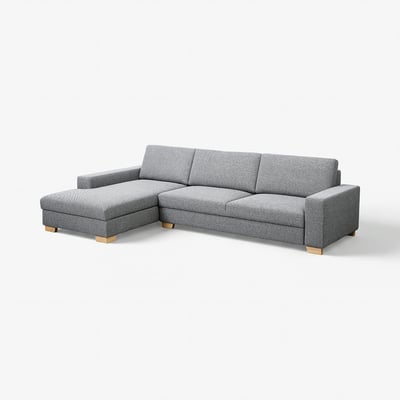 Modern grey l-shaped sofa, SÖRVALLEN, minimalist style, wooden legs, 3 seats, one chaise.