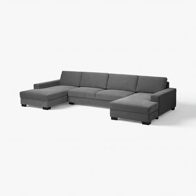 Modern dark grey u-shaped sofa, minimalist design, with chaise lounges on each end.