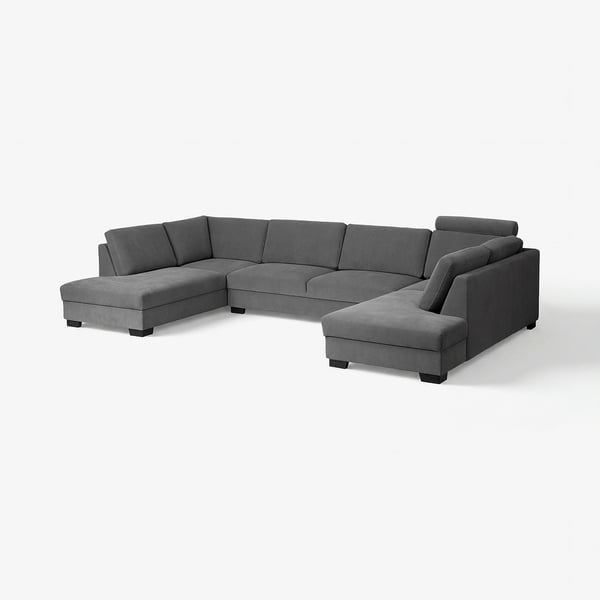 SÖRVALLEN u-shaped grey sofa, modern minimalist design with fabric and dark wooden legs.