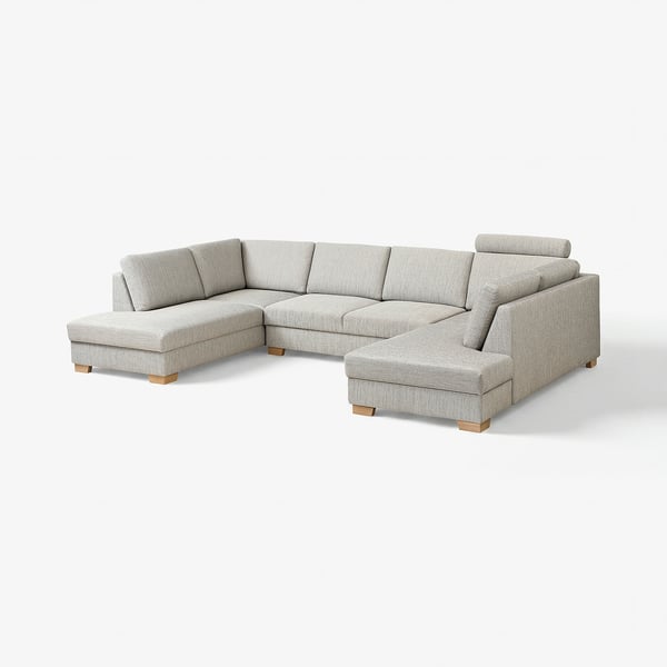 Modern grey sectional sofa with light wooden legs, minimalist design.