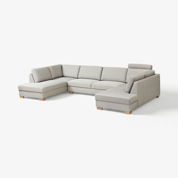Modern light grey l-shaped SÖRVALLEN sofa with wooden legs and minimalist design.