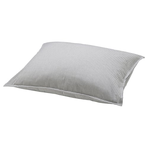 Grey striped cotton pillow with soft, rectangular shape.