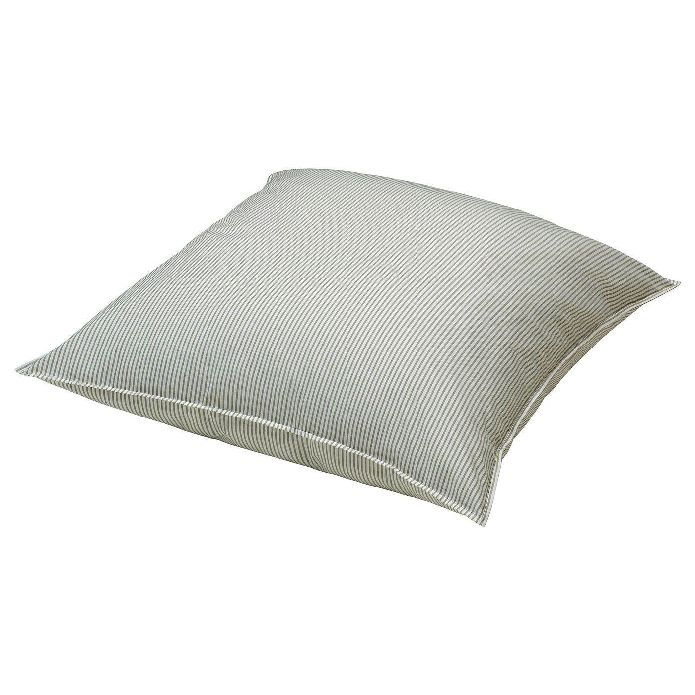 A SOLFIBBLA pillow. Its square-shaped with greenish stripes and made of 100% cotton.