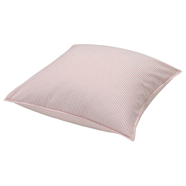 A square cushion with red and white stripes. Its soft and made of recycled cotton.