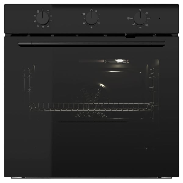 Black modern oven with sleek design and smoked glass door.