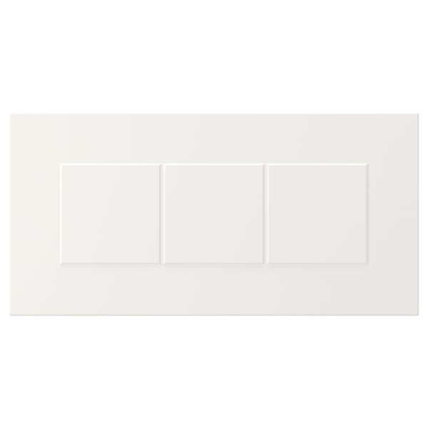 This image displays a set of white STENSUND cabinet fronts. These have framed, grooved panels for a crafted look and are lacquered for durability.