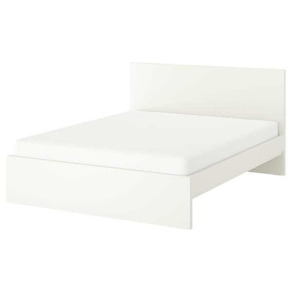 A white, modern bed with square design, simple lines, sturdy frame and no visible fittings.