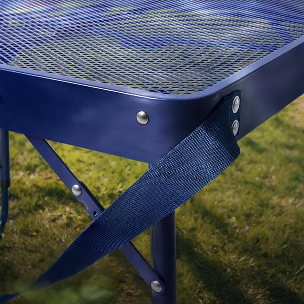 Blue outdoor table with mesh top, sturdy straps, and metal frame for durability.