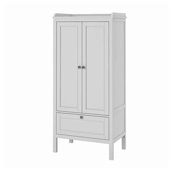 White SUNDVIK wardrobe: 2 doors, 1 drawer, pine & fiberboard.