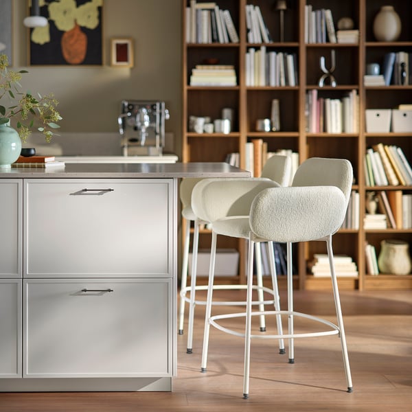 SYNTORP Bar stool with backrest, counter height white/Axvall off-white, 66 cm