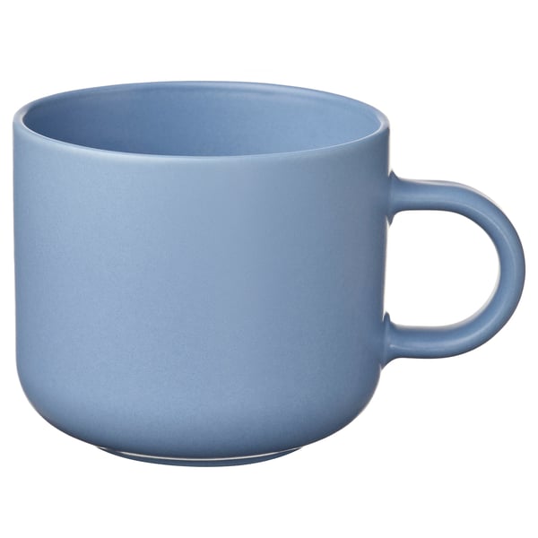 Blue ceramic mug, matte finish, round shape, single handle.