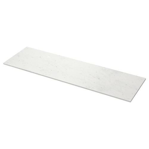 A white marble-look countertop, named TOLKEN, with a rectangular shape and sleek design, made from fibreboard with melamine and plastic foils.