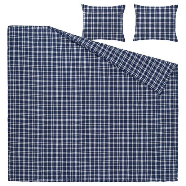 TORNTUSS Duvet cover and 2 pillowcases, dark blue/check, 240x220/50x60 cm