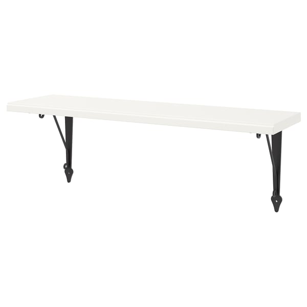 TRANHULT shelf: white, black brackets, rectangular, bevelled edge.