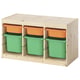 TROFAST storage unit, natural wood with green and orange plastic bins, cubed design for organising kids items.