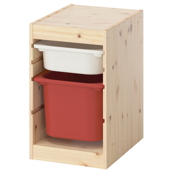 TROFAST storage unit with red and white bins, wooden frame. Square, organised design.