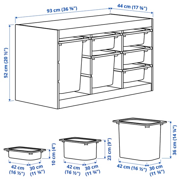 TROFAST Storage combination with boxes, light white stained pine/white, 93x44x52 cm