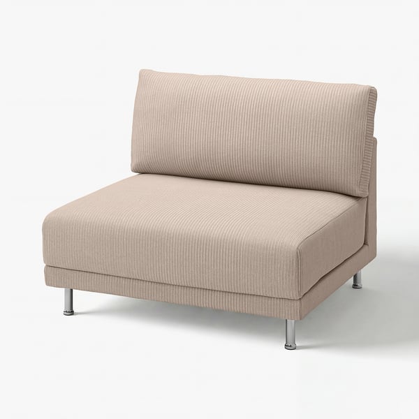 An UPPÅKRA beige fabric sofa with a modern design and sturdy chrome legs.