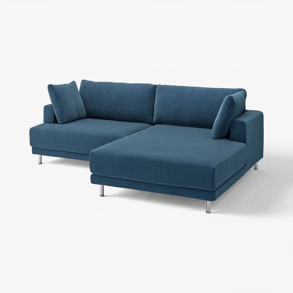 UPPÅKRA blue sectional sofa, modern design, deep cushions, chrome legs, 100% recycled polyester fabric.