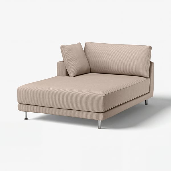Modern beige stripped l-shaped sofa with chrome legs.