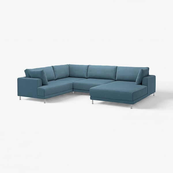 Blue UPPÅKRA sectional sofa, modern design with plush cushions, chrome legs.