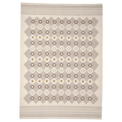 Handwoven VÄGNÄT rug, grey/cream, wool/cotton, diamond pattern, rectangular shape.