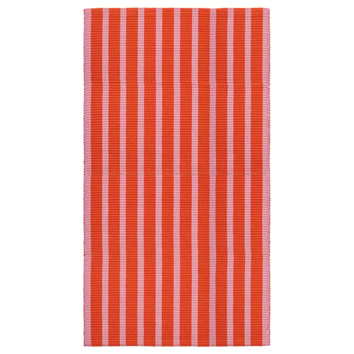 A rectangular rug named VÄGSKYLT with pink and orange vertical stripes, made of cotton.