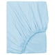 A light blue, VÅRVIAL fitted sheet. It has a simple, rectangular shape, and is made of 100% cotton, featuring a gathered elastic edge.