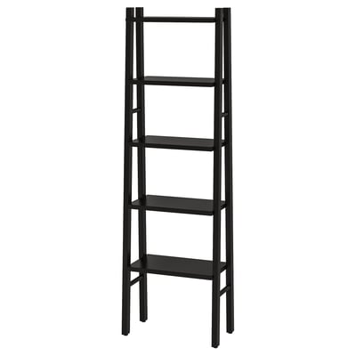 Black VILTO shelving unit, ladder style with 4 shelves, made of solid birch.