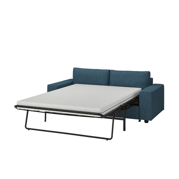 Blue sofa bed, partially pulled out, on black metal frame, clean design.