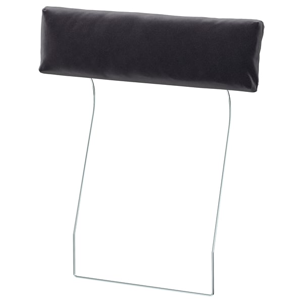 Black VIMLE headrest cushion, smooth velvet, attaches to sofa for neck support.