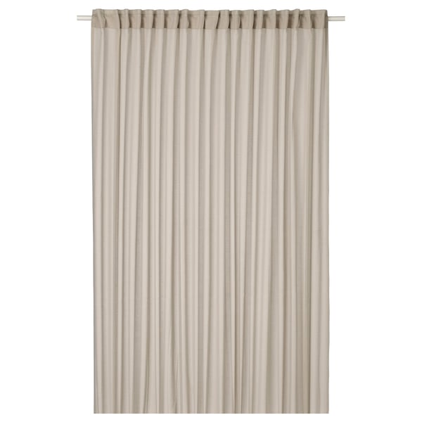 Rideau transparent ÄNGSFRYLE beige avec dessus froncé, fabriqué à partir de polyester recyclé, permettant la lumière et l’intimité.