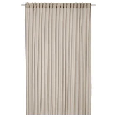 Rideau transparent ÄNGSFRYLE beige avec dessus froncé, fabriqué à partir de polyester recyclé, permettant la lumière et l’intimité.