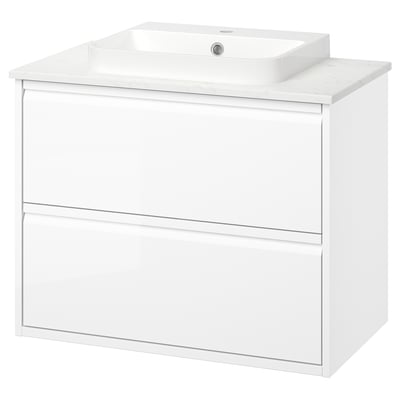 Meuble de salle de bain blanc ÄNGSJÖN, finition brillante, lavabo rectangulaire, design mural, poignées minimalistes.