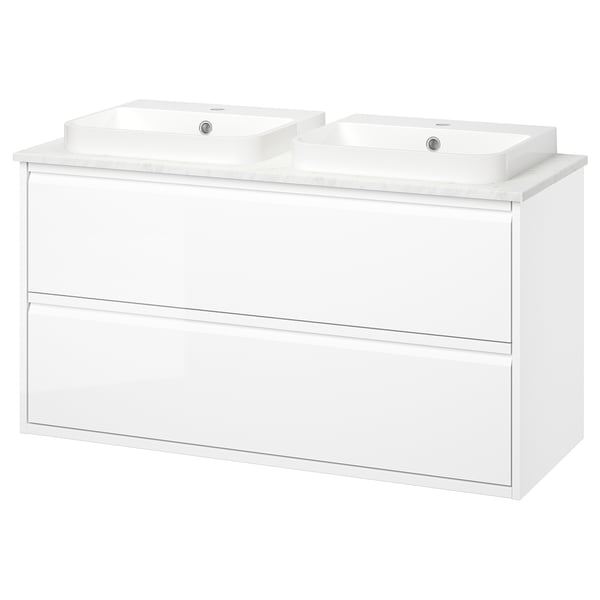 ÄNGSJÖN / BACKSJÖN Meuble lavabo avec tiroirs/vasque, brillant blanc/blanc marbré, 122x49x71 cm