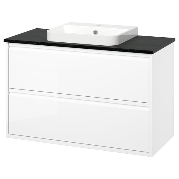 ÄNGSJÖN / BACKSJÖN Meuble lavabo avec tiroirs/vasque, brillant blanc/noir marbré, 102x49x71 cm