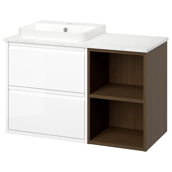 ÄNGSJÖN / BACKSJÖN Meuble lavabo/vasque, blanc brillant/effet chêne brun/blanc marbré, 102x49x71 cm