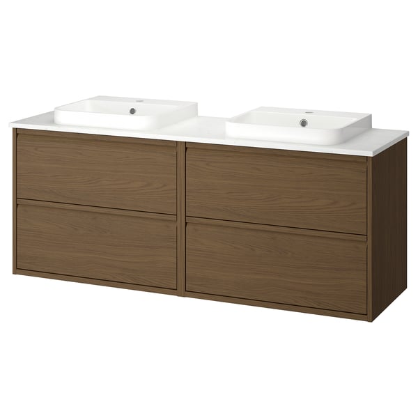 ÄNGSJÖN / BACKSJÖN Meuble lavabo/vasques, brun motif chêne/blanc marbré, 162x49x71 cm