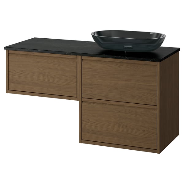 Meuble de salle de bain moderne : ÄNGSJÖN, chêne, bassin en verre noir, monté au mur, design élégant.
