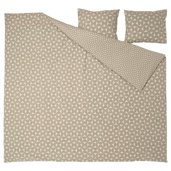 Parure de lit moderne, gris-beige. Imprimé géométrique, coton/viscose, comprend une couette et 2 taies d’oreiller.