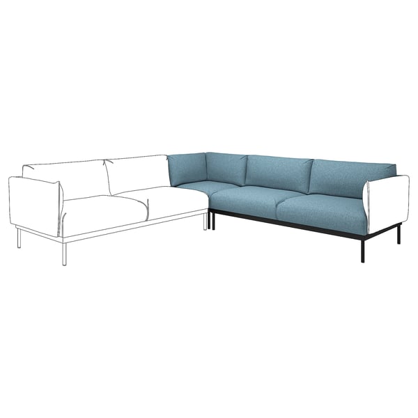 Canapé bleu en forme de L, design minimaliste.