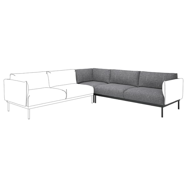 Canapé ÄPPLARYD moderne en forme de L, gris, avec des pieds fins et un tissu sur mesure.