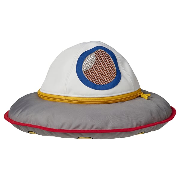 Jouet de vaisseau spatial extraterrestre de style simple, dessus blanc, base grise, garniture rouge, fermeture éclair jaune, fenêtre en maille.