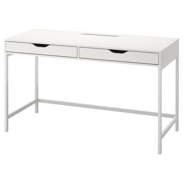 L’image représente un bureau minimaliste blanc ALEX aux lignes épurées, à deux tiroirs et à la gestion des câbles intégrée pour des espaces de travail bien rangés.
