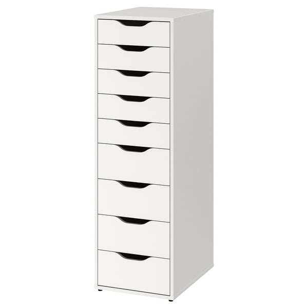Unité ALEX blanche : 9 tiroirs, design minimaliste, panneaux de particules robustes, finition peinture acrylique.