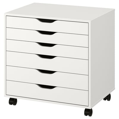 Armoire ALEX blanche avec six tiroirs sur roulettes, design élégant et moderne, finie de tous les côtés.