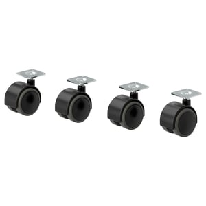 Quatre roulettes noires pour meubles, chacune avec un dessus en tôle carrée, un milieu cylindrique et un fond de roue rond en caoutchouc.