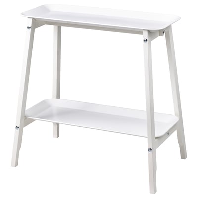 Présente un support à plantes ALPVIDE blanc avec un plateau rectangulaire en acier et des pieds en bois, au design minimaliste.