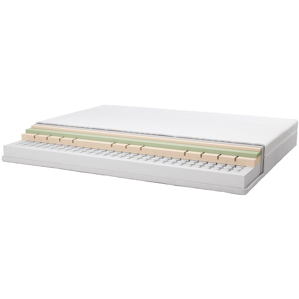 Section transversale du matelas : dessus en polyester, couches de mousse, sommier à ressorts
